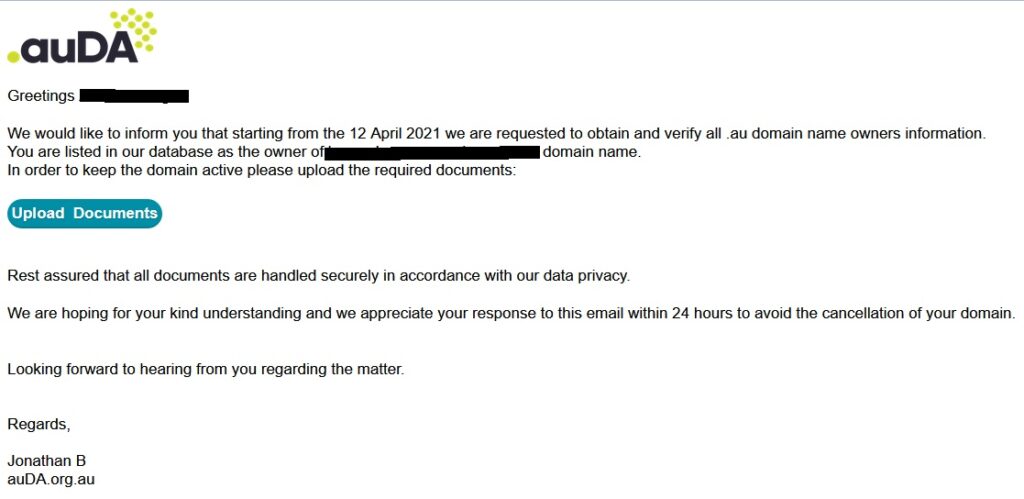 Domain Name Ownership Scam - Message